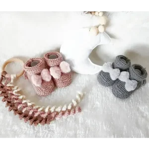 Chaussons en tricot Bébé en Laine et Cachemire - Trésor en Tricot avec Nœud en Fausse Fourrure