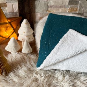 Couverture Double Gaze à Pois Dorés / Paon